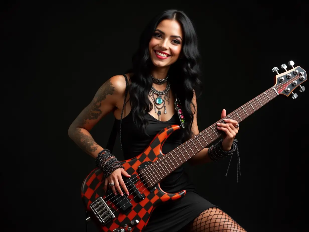 user_prompt: Hyperrealistic depiction of a beautiful white woman smiling with a -tattoo, futuristic long black-red checkered hair and laced boots, playing bass guitar with a sweet look at intricately detailed, colorful and futuristic jewelry. Background blurred, black 120-mm shot