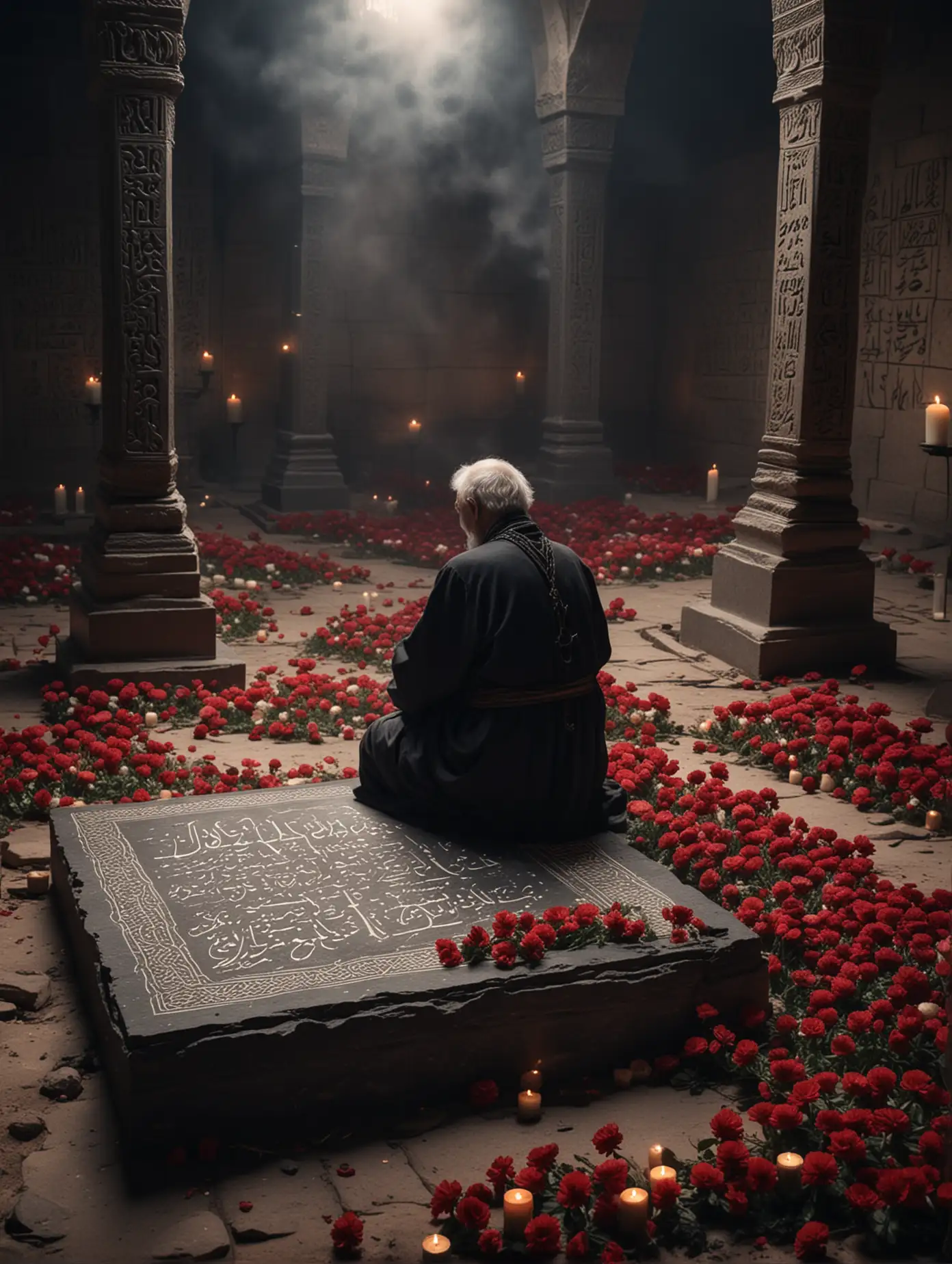 Medieval-Old-Man-Praying-Beside-Arabic-Calligraphy-Tomb