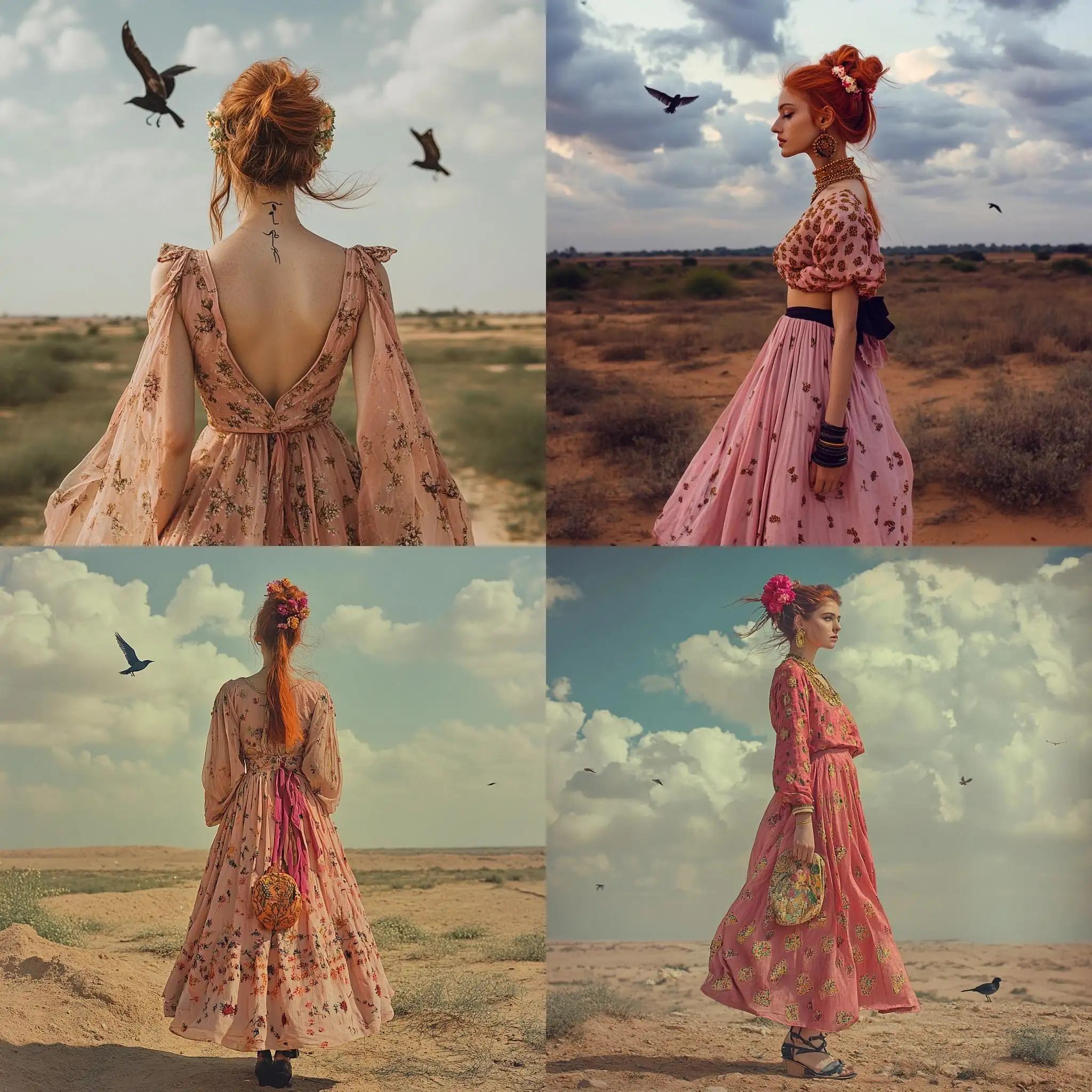 Young-Hippie-Woman-in-Pink-Dress-with-Golden-Flower-Pattern-in-Rajasthan-Desert