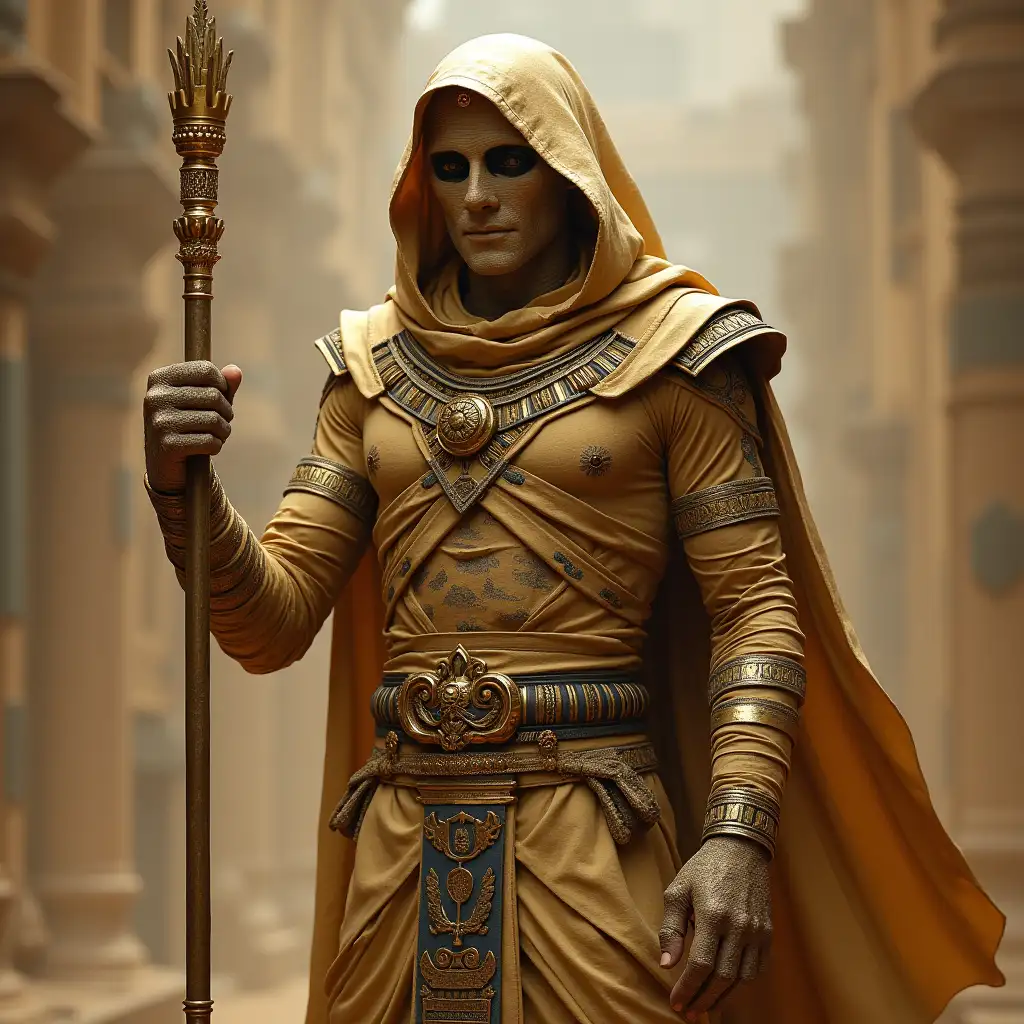 Guard of Egypt as a mummy with a golden staff in hand