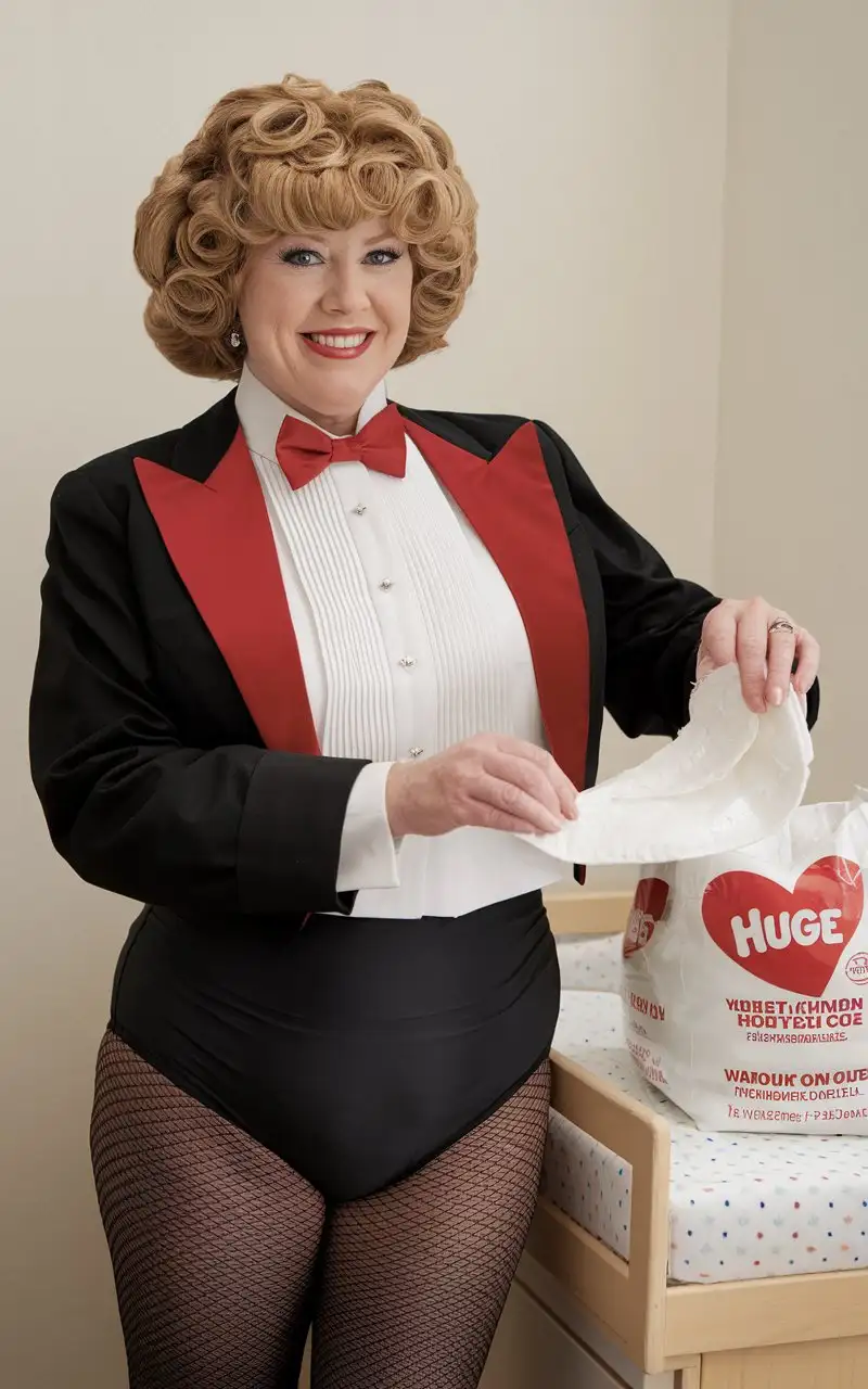 Smiling-MiddleAged-Woman-in-Formal-Tuxedo-Unfolding-Huggies-Diaper-in-Nursery