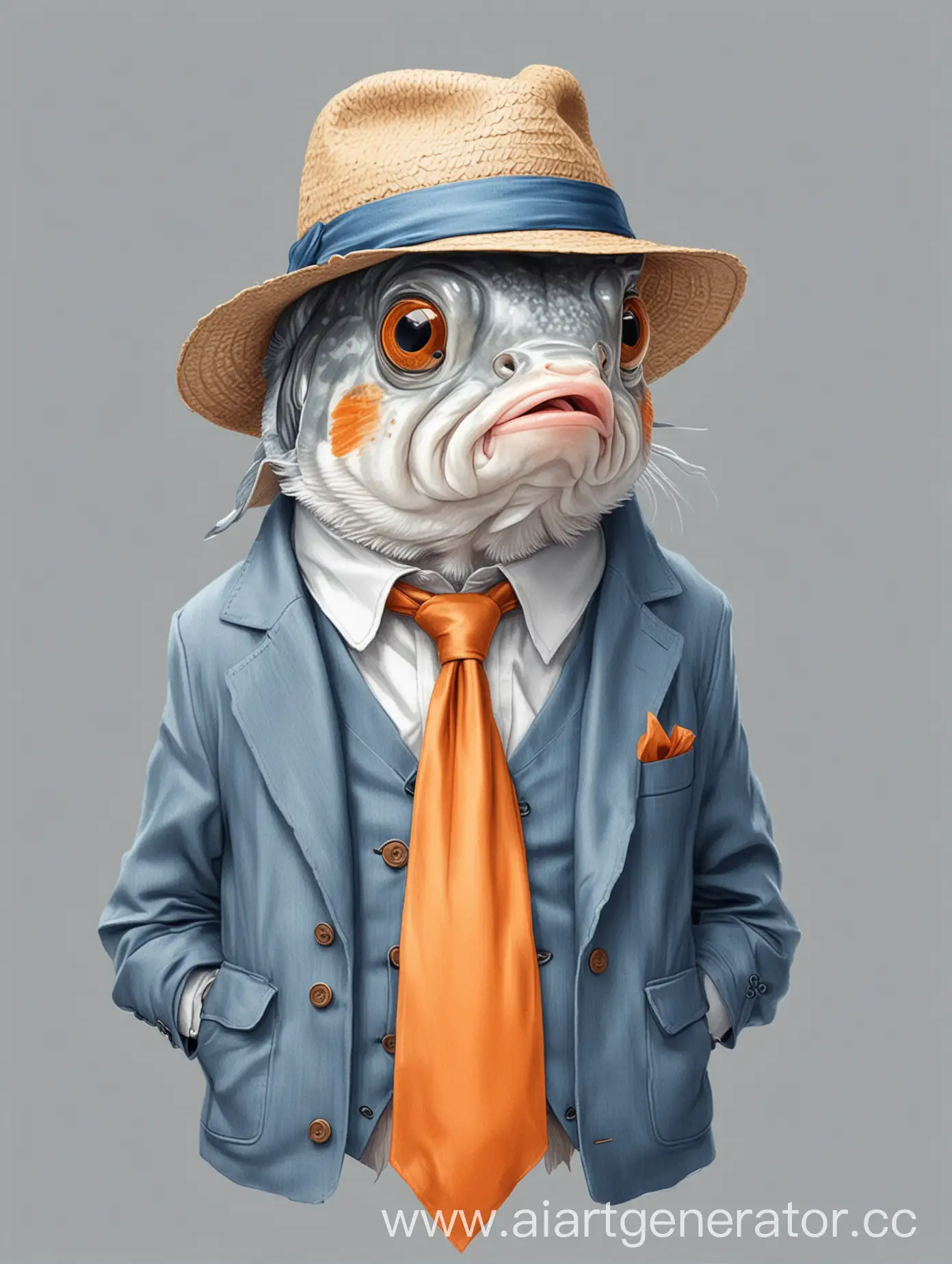 Cartoon-Goldfish-in-Panama-Hat-and-Orange-Coat-on-White-Background