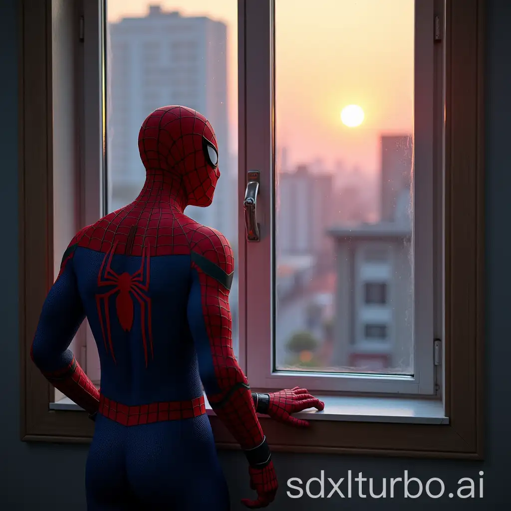 Spider-Man looking through a window and black spiderman looking back