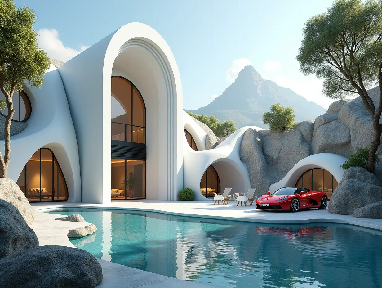 Create a high resolution realistic image of a futuristic white building with black and gold, curved pillars, large trees mountain, rocks pool and a futuristic building with a glass panel with red striped cars