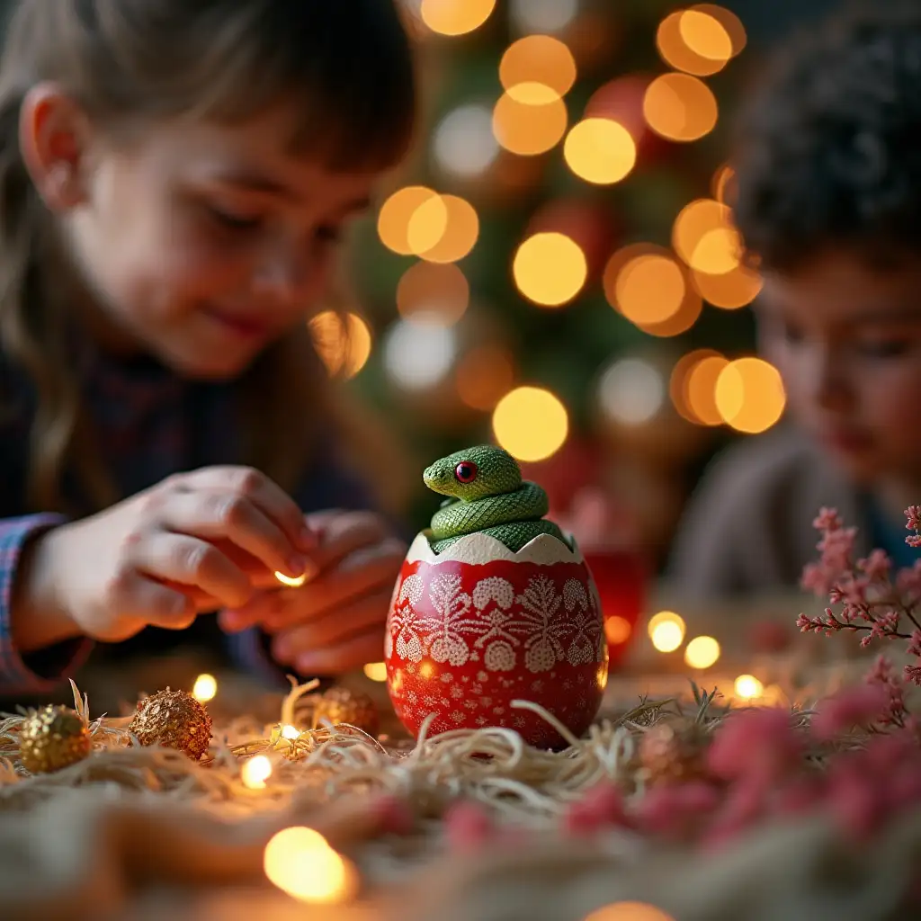 Teenagers-Crafting-Doll-Snake-Inside-Egg-with-Christmas-Tree-and-Festive-Atmosphere