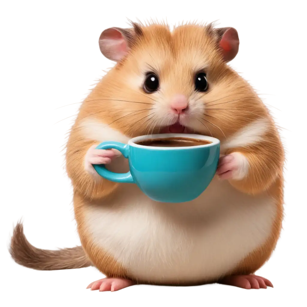 Cartoon-Overweight-Hamster-Holding-Coffee-Mug-PNG-Image