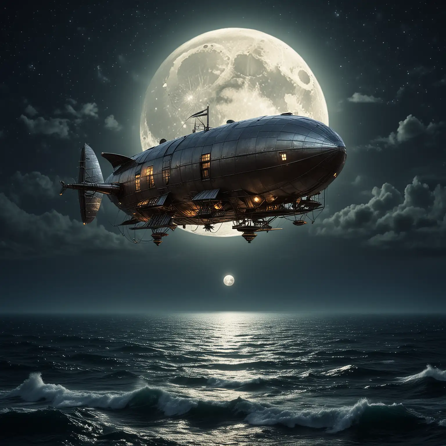 A very small, smooth, fabulous metal airship flies over the tropical sea at night. The full moon shines in the sky. There is a large glass window in the front