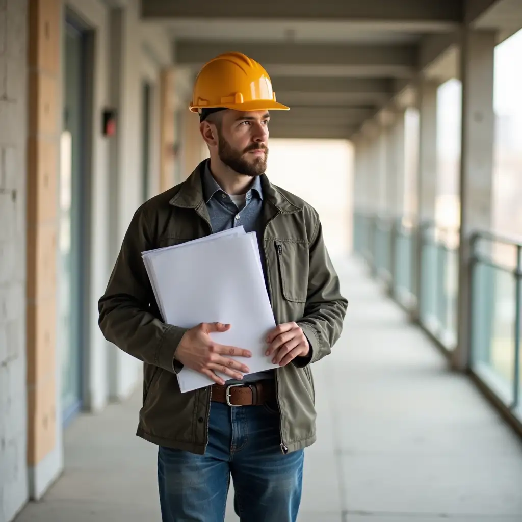 Construction-Worker-Walking-Down-Hallway-with-Documents