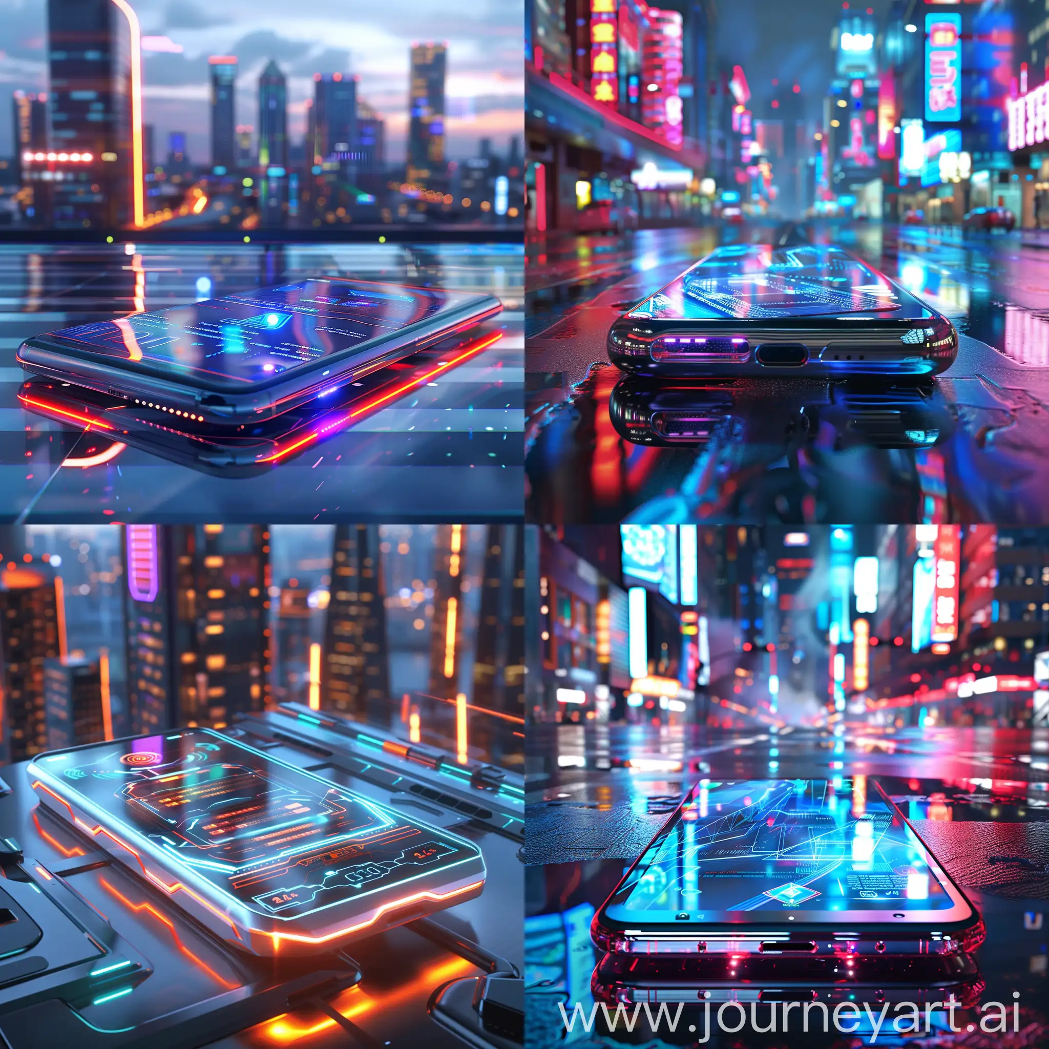 Futuristic-Smartphone-with-Holographic-Display-in-Urban-Skyline-Setting