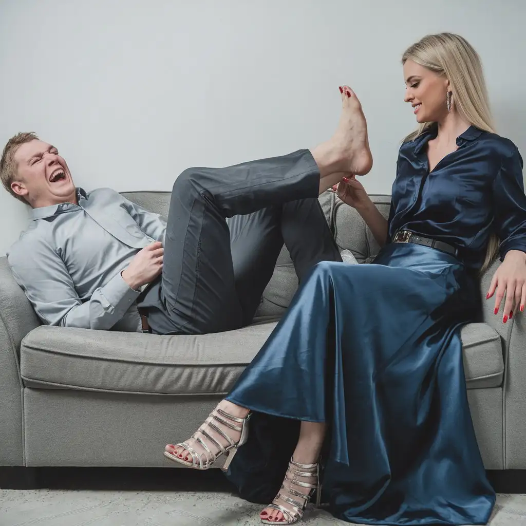 Joyful-Moment-Caucasian-Man-Laughing-on-Sofa-with-Beautiful-Blonde-Woman