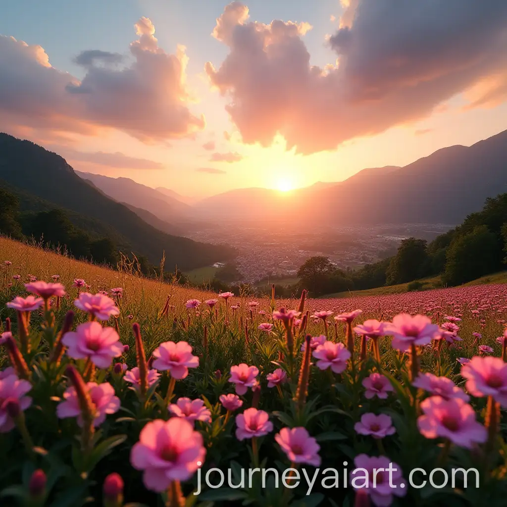 Golden-HourAI-Image-Prompt-Expansion-Landscape-with-Blooming-Pink-Wildflowers-and-Valley-Town