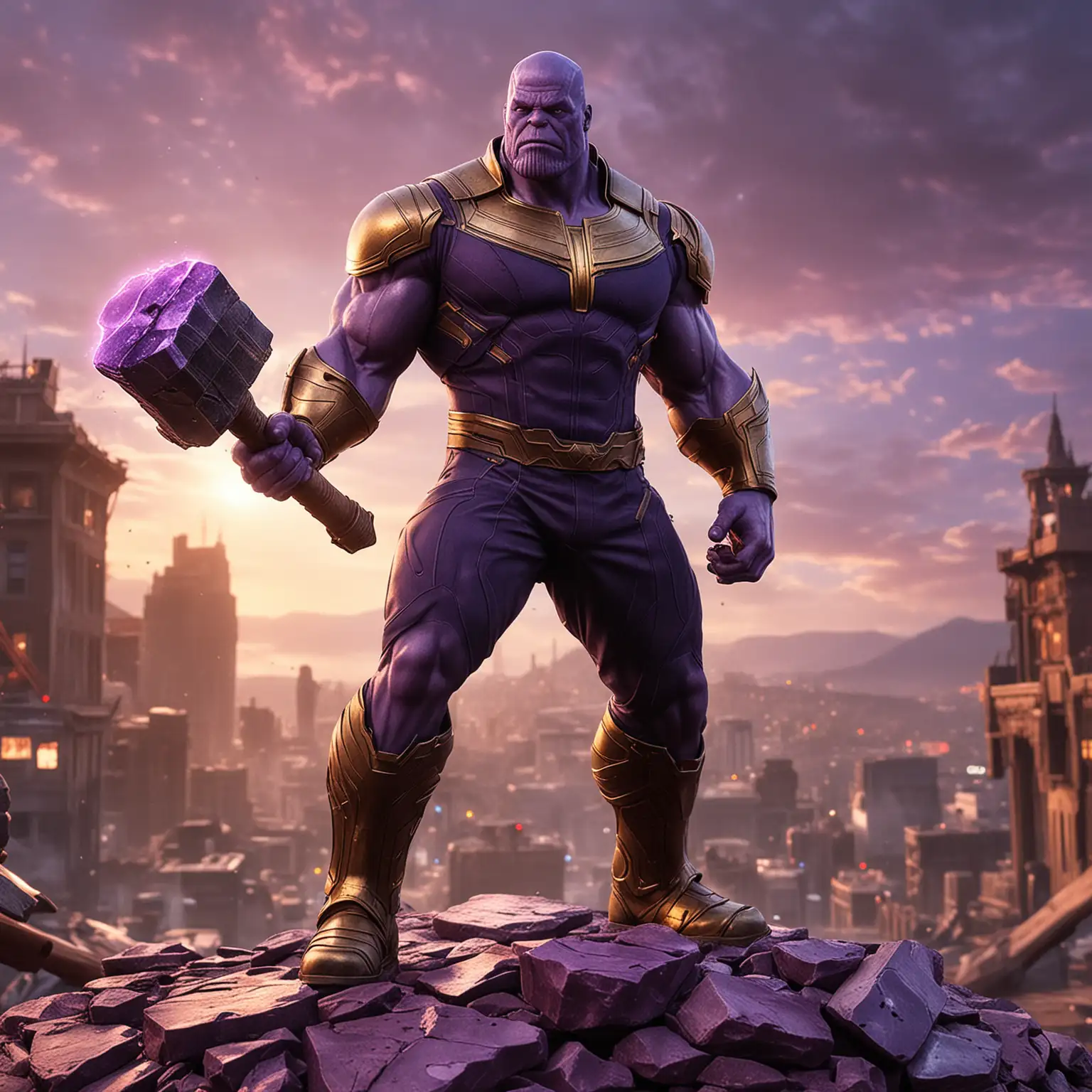 Thanos-from-Avengers-Holding-Hammer-with-Glowing-Purple-Infinity-Stone-in-City