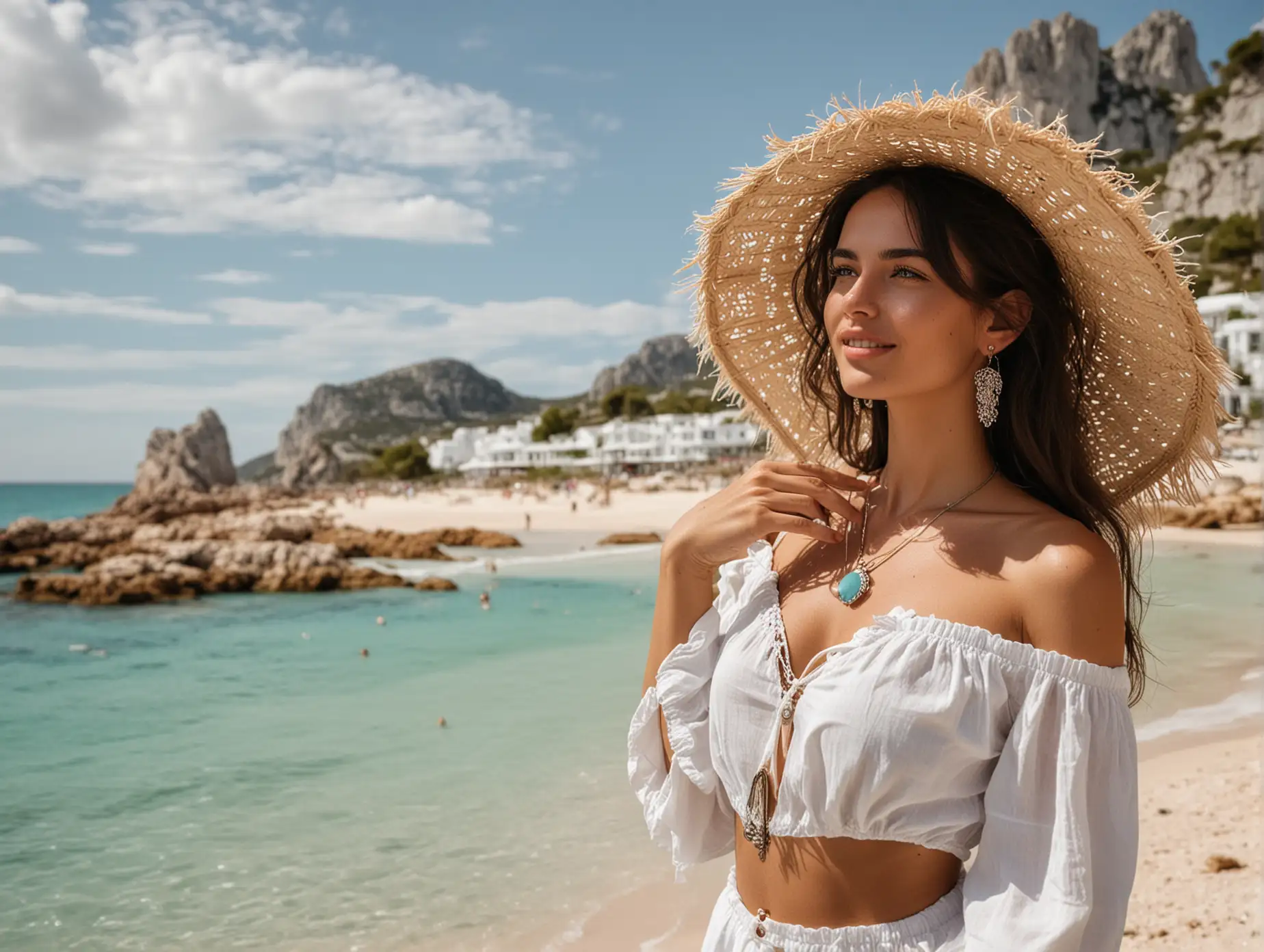 Young-Woman-in-White-Cotton-Dress-with-Ibiza-Vibes-Jewelry-at-Beach-Club-with-Es-Vedra-in-Background