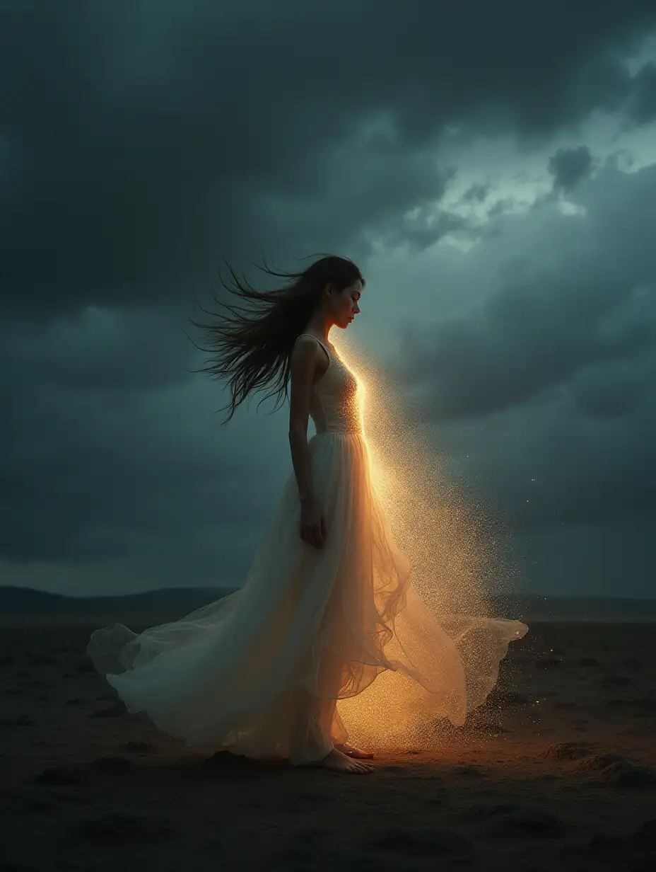 Create a hyper-realistic image for ‘an individual standing in a desolate landscape, with a dark, turbulent storm in the sky. The wind seems to strip away symbolic layers of skin or clothing, revealing a brighter, purer version underneath. Tiny particles of light float around her revealed form, illuminating the environment with dramatic contrast. The focus is on the individual on a medium plane, with realistic skin textures and light effects, creating a sense of emotional and spiritual transformation.’ The atmosphere should be enveloping and deeply emotional.