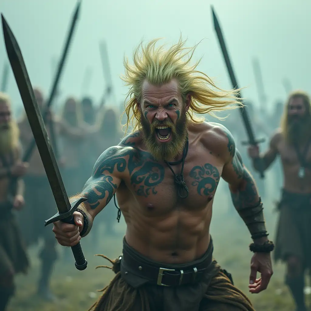 A wild Celtic warrior mid-duel challenge, naked, swinging a sword in wide arcs, shouting into the battlefield mist. tall, muscular Celtic warrior with bleached blond shaggy hair, pale skin, fierce blue eyes, lime-washed hair spiked back like a horse’s mane. Tattooed with blue spirals. Warp terrifying. spasm. Insane violent aggression. Dark and thrilling atmosphere. Other warriors chant and beat weapons behind him. Dynamic movement, aggressive energy, gritty atmosphere.