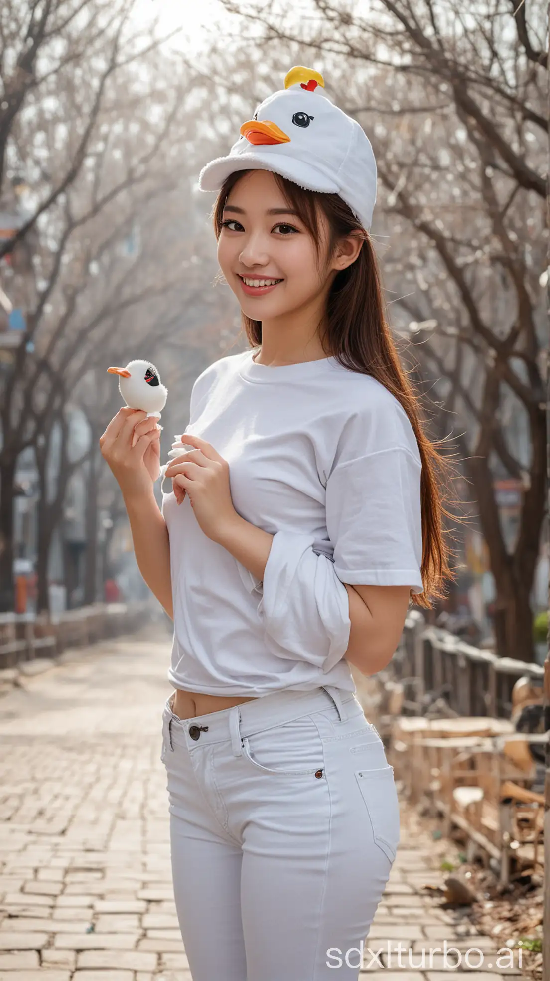 Chinese-Woman-in-Winter-Morning-with-Duck-Hat-in-Tourist-Area