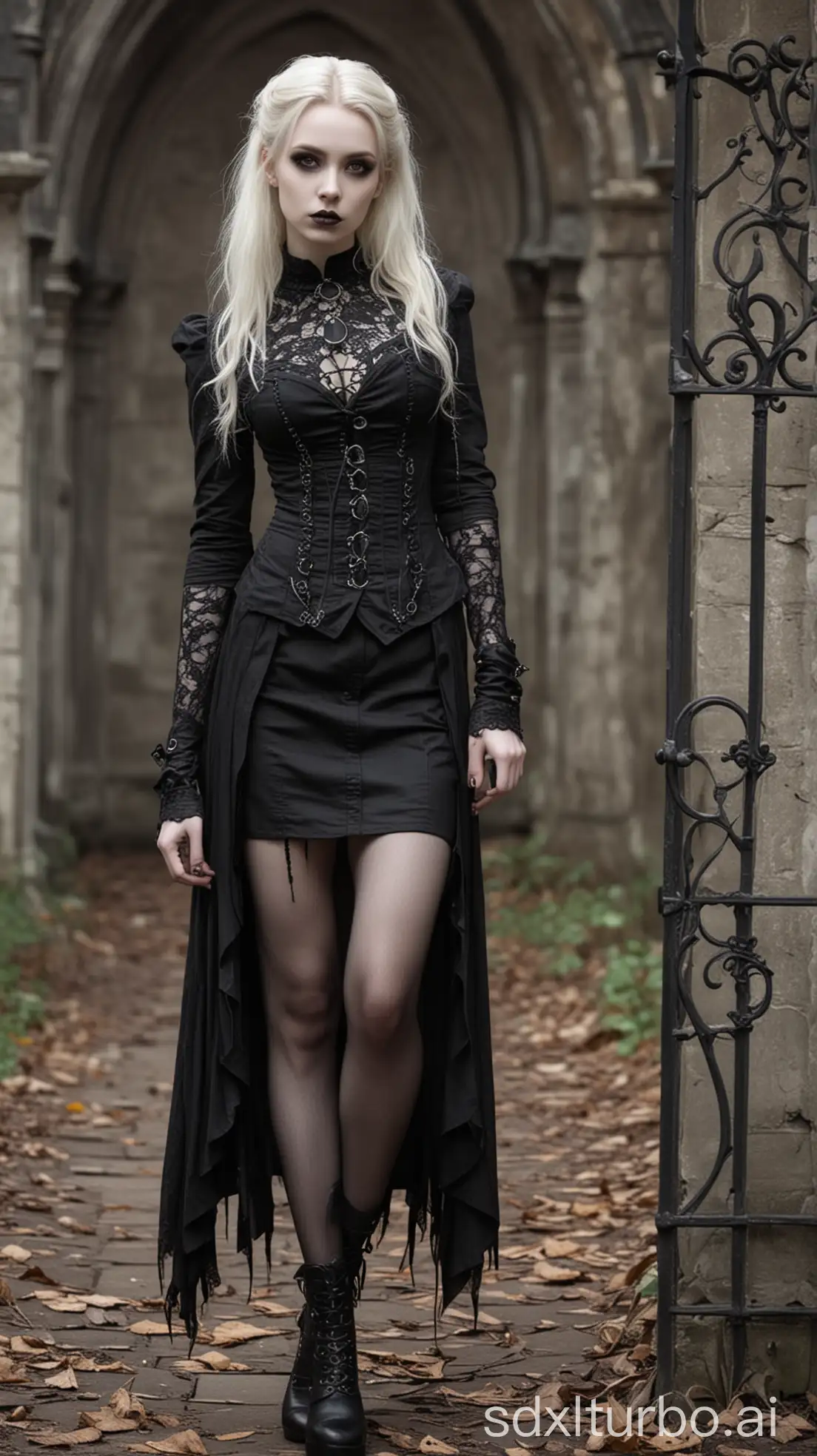 pretty blonde goth girl, thin and white skin modeling in a gothic style, full body