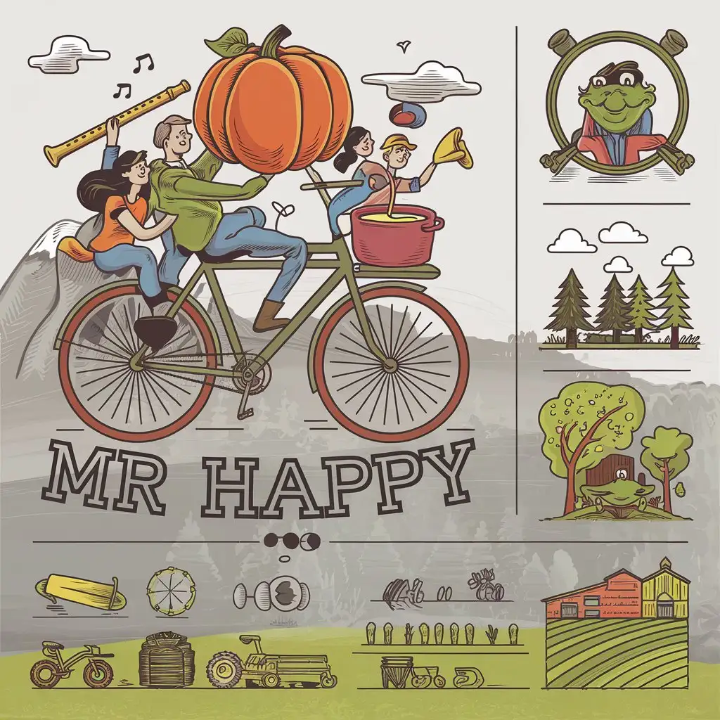 LOGO-Design-for-Mr-Happy-NatureInspired-Bicycle-Pumpkin-Flute-and-Friends-with-a-Touch-of-Agriculture