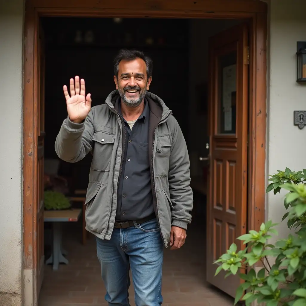 modern setting, a smiling nepalese man waves at the doorway of a house, view from inside the house