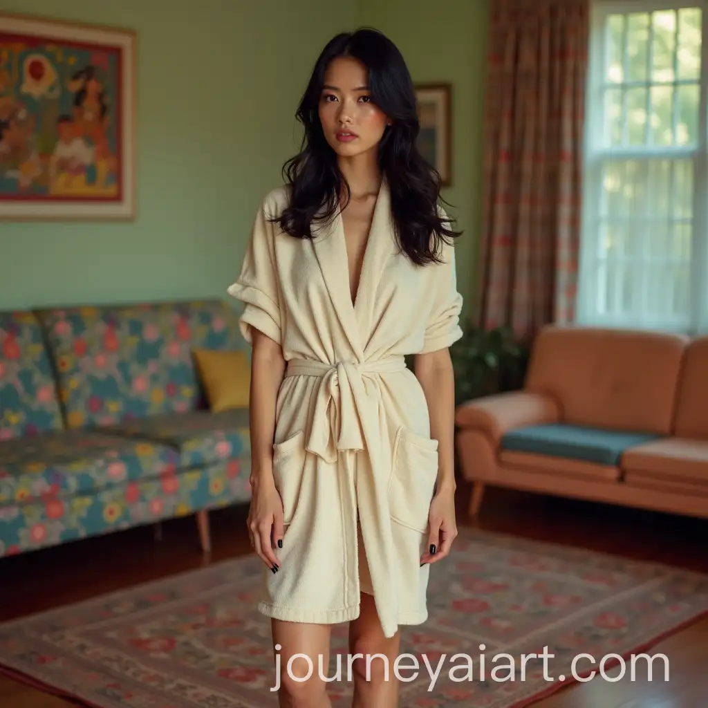 Athletic-Asian-Woman-in-Colorful-60s-Apartment-with-Black-Bathrobe-and-Painted-Toenails