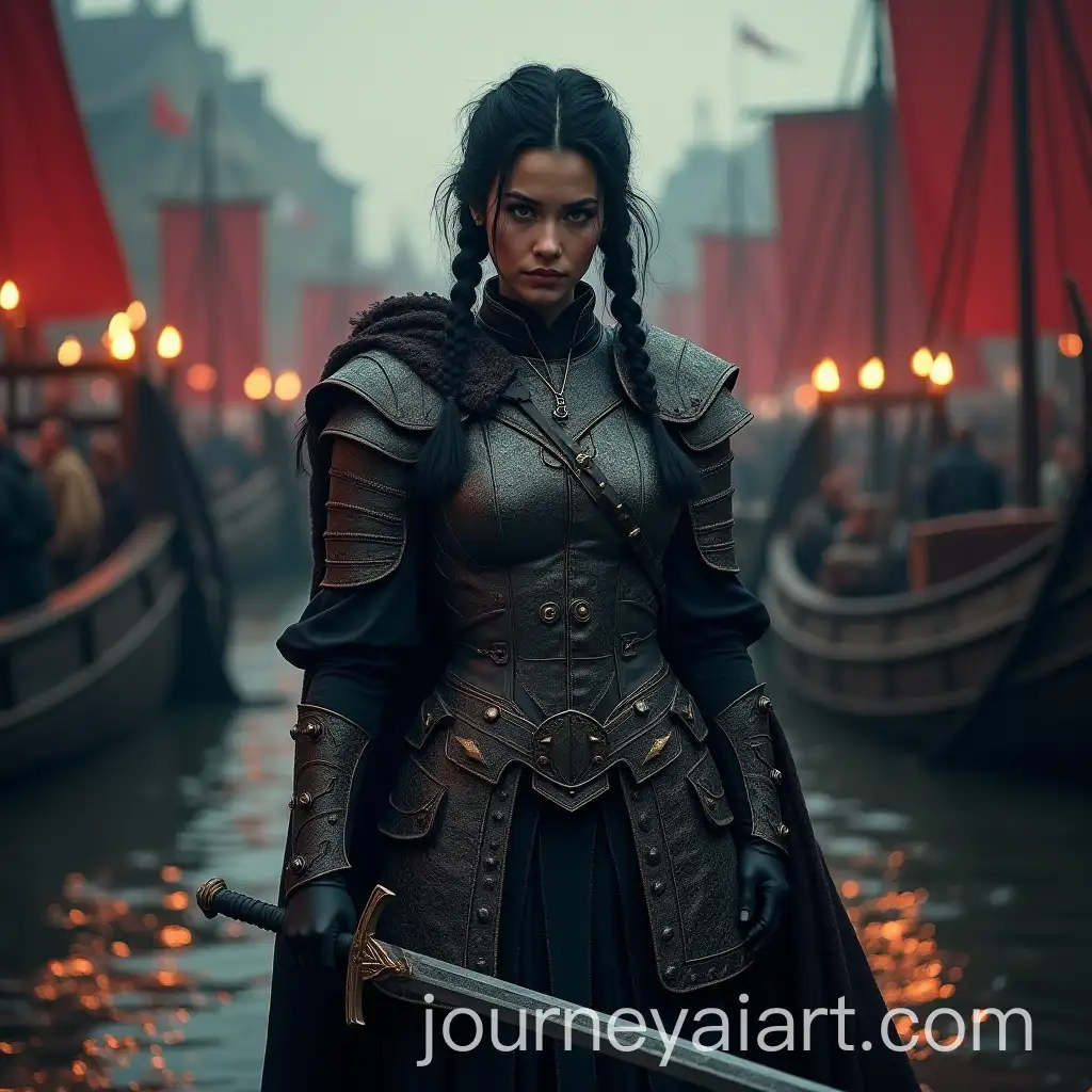 Female-Viking-Warrior-in-Dark-Fantasy-Seaport-Battle-Scene