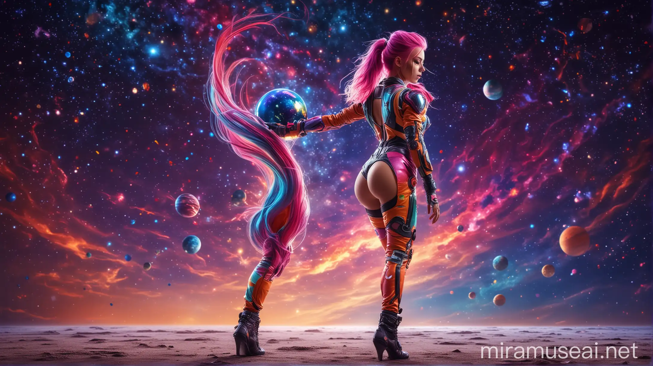 Futuristic Dancer with Colorful Hair and Glowing Spacesuit Under a Vibrant Night Sky