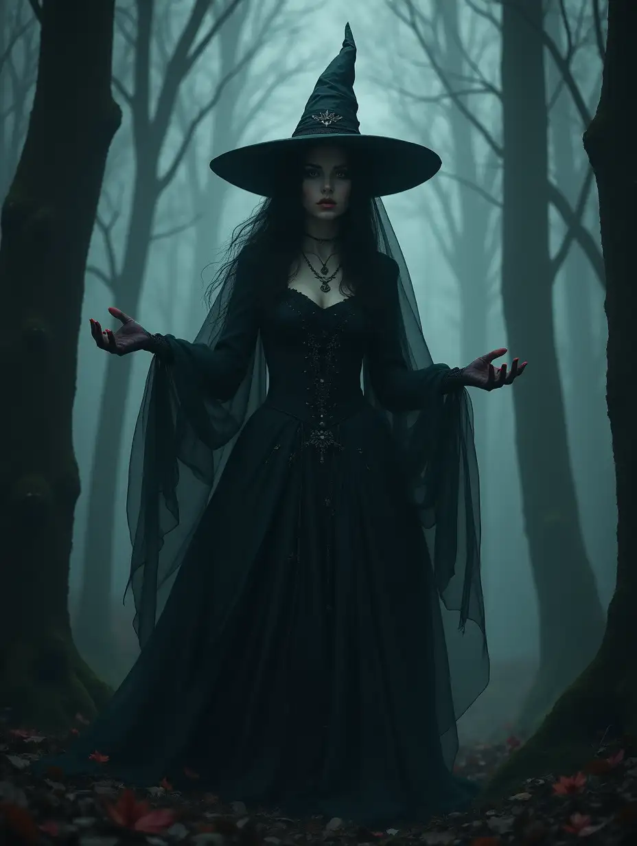 a beautiful gothic witch, in a gloomy forest, conjuring, masterpiece, detailed, 8k, digital illustration, gloomy, atmospheric, (from below shot:1.3)