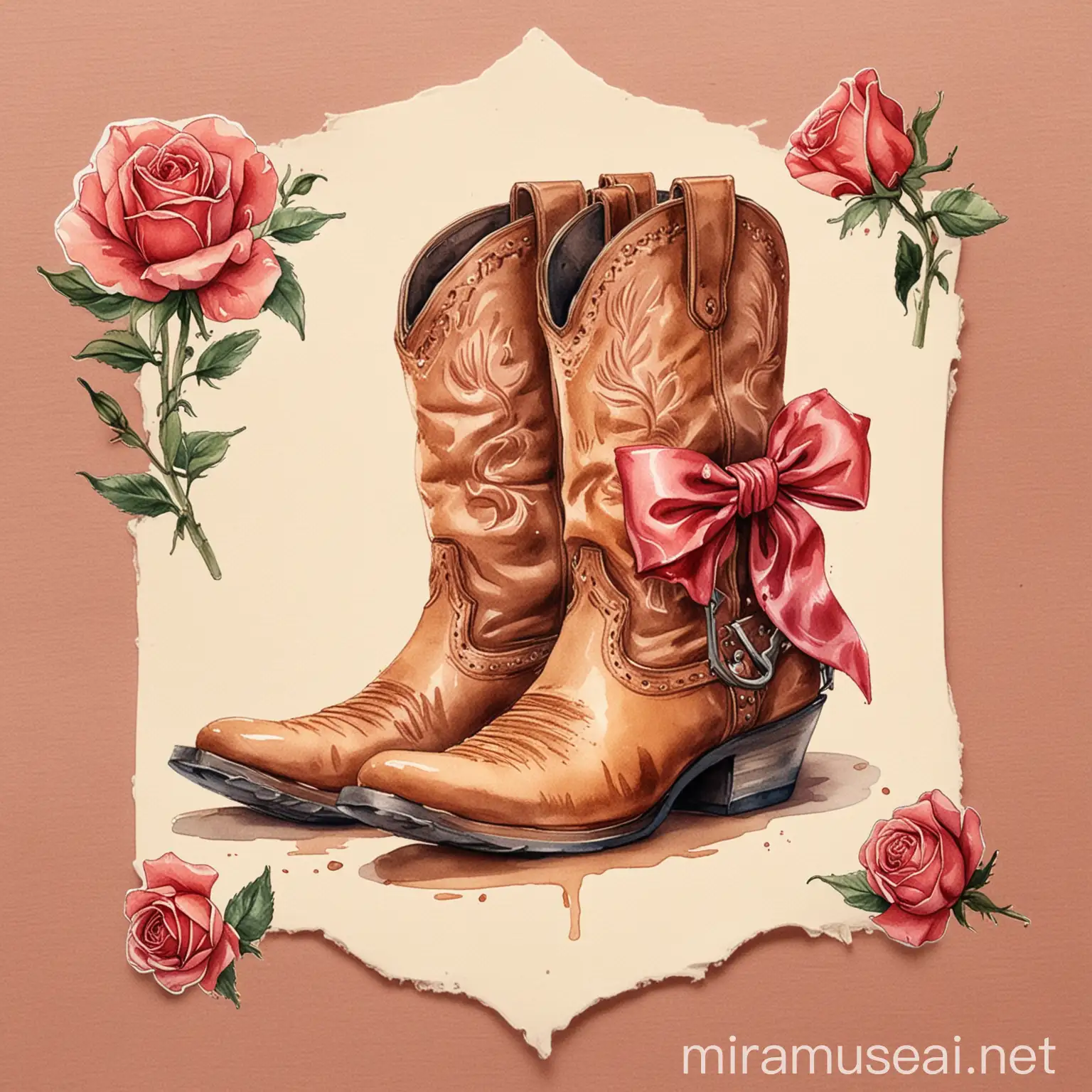 Watercolor Cowboy Boots and Bow with Small Roses Sticker Illustration