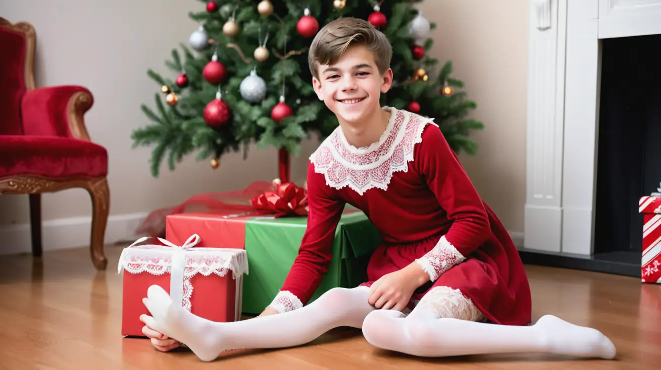 15YearOld-Boy-in-Red-Dress-Unwrapping-Doll-by-Christmas-Tree