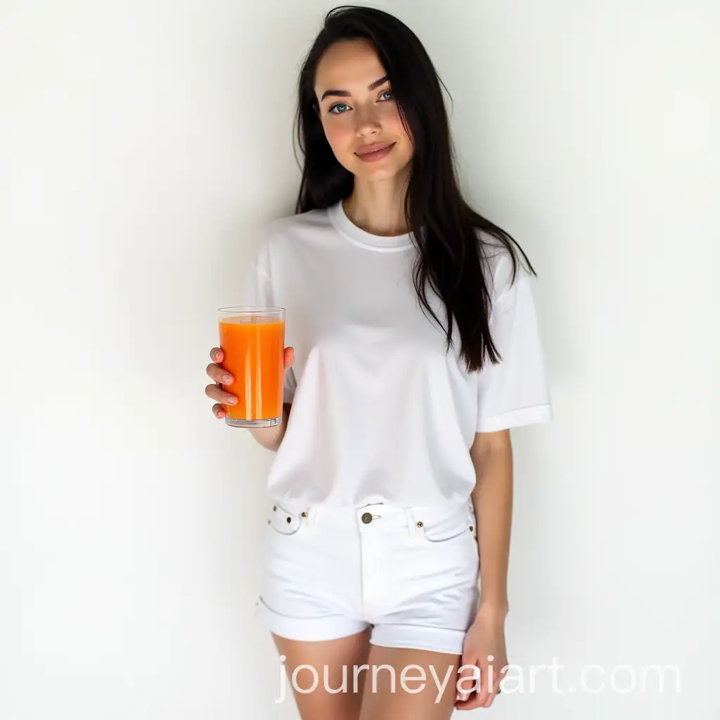 Young-Irish-Woman-Drinking-Carrot-Juice-in-Modern-White-Setting