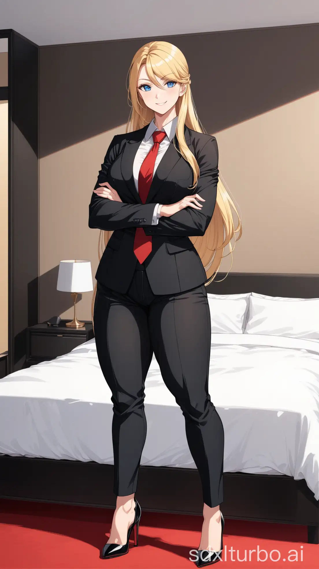 Elegant-Anime-Woman-in-Formal-Attire-Standing-Confidently-in-a-Bedroom