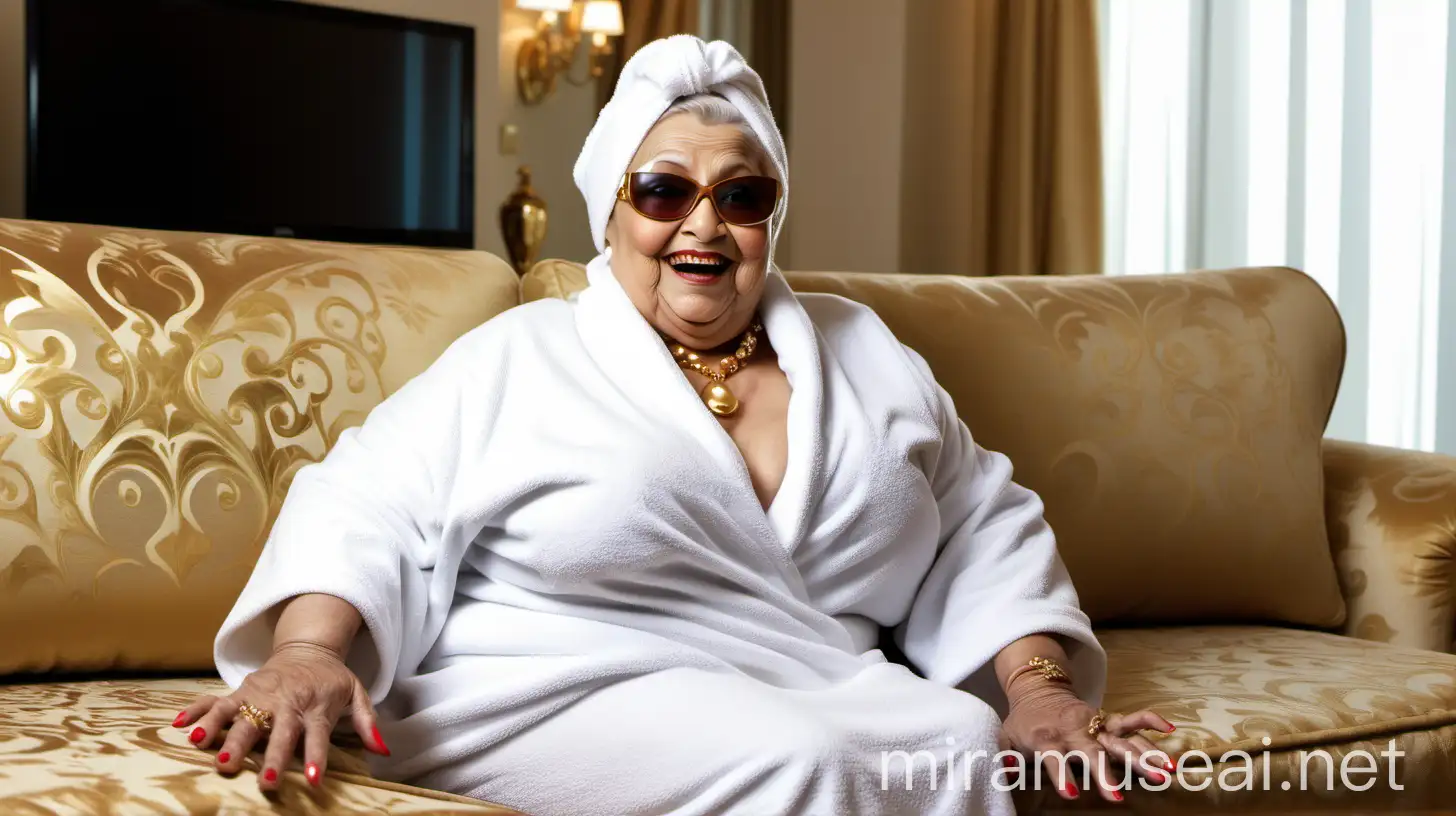 Elderly Muslim Woman in Luxurious Setting with Gold Ornaments