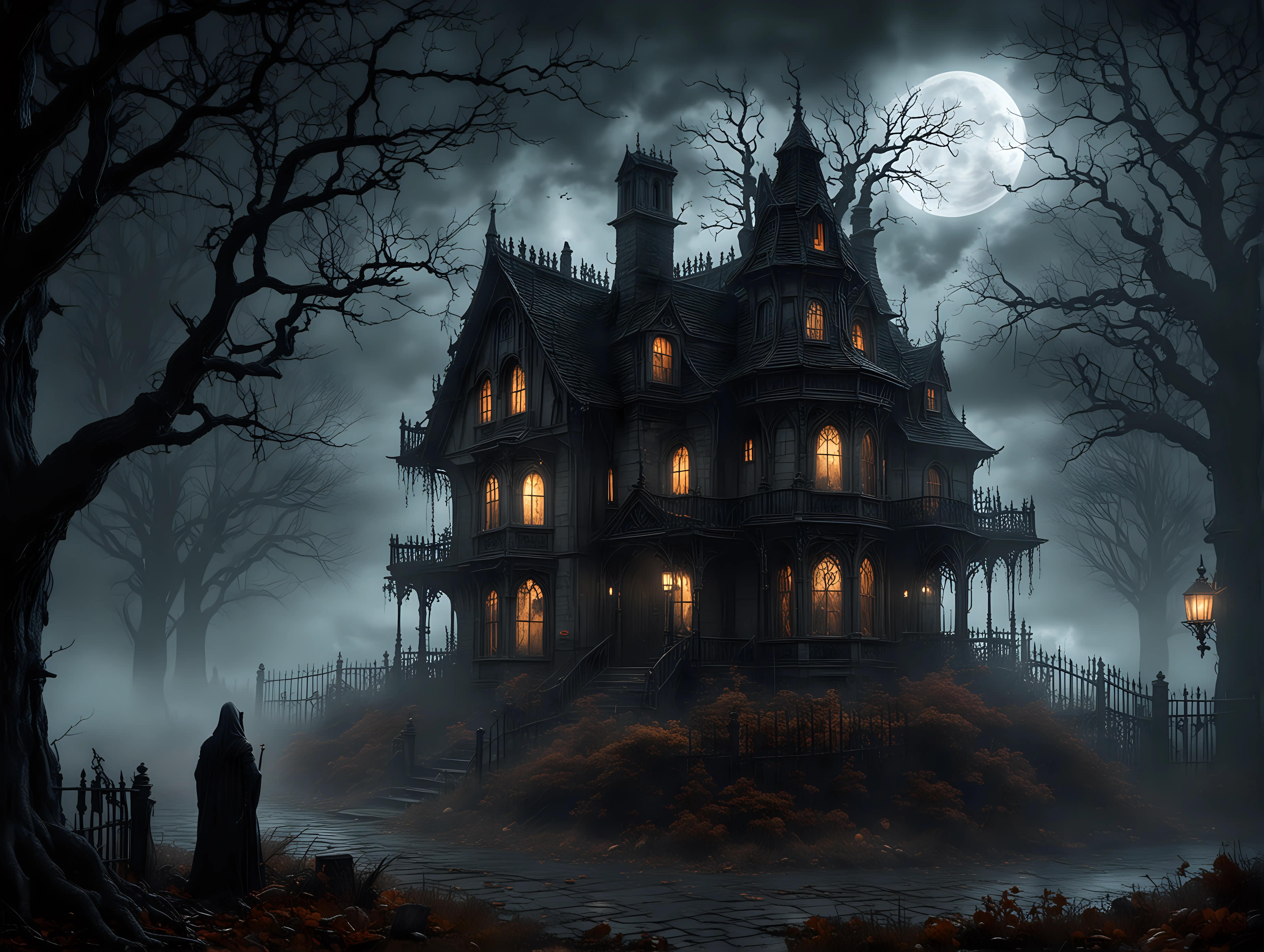 gothic style scarry house dark autumn tree moonlit night lightning misty close up fantasy dark figures