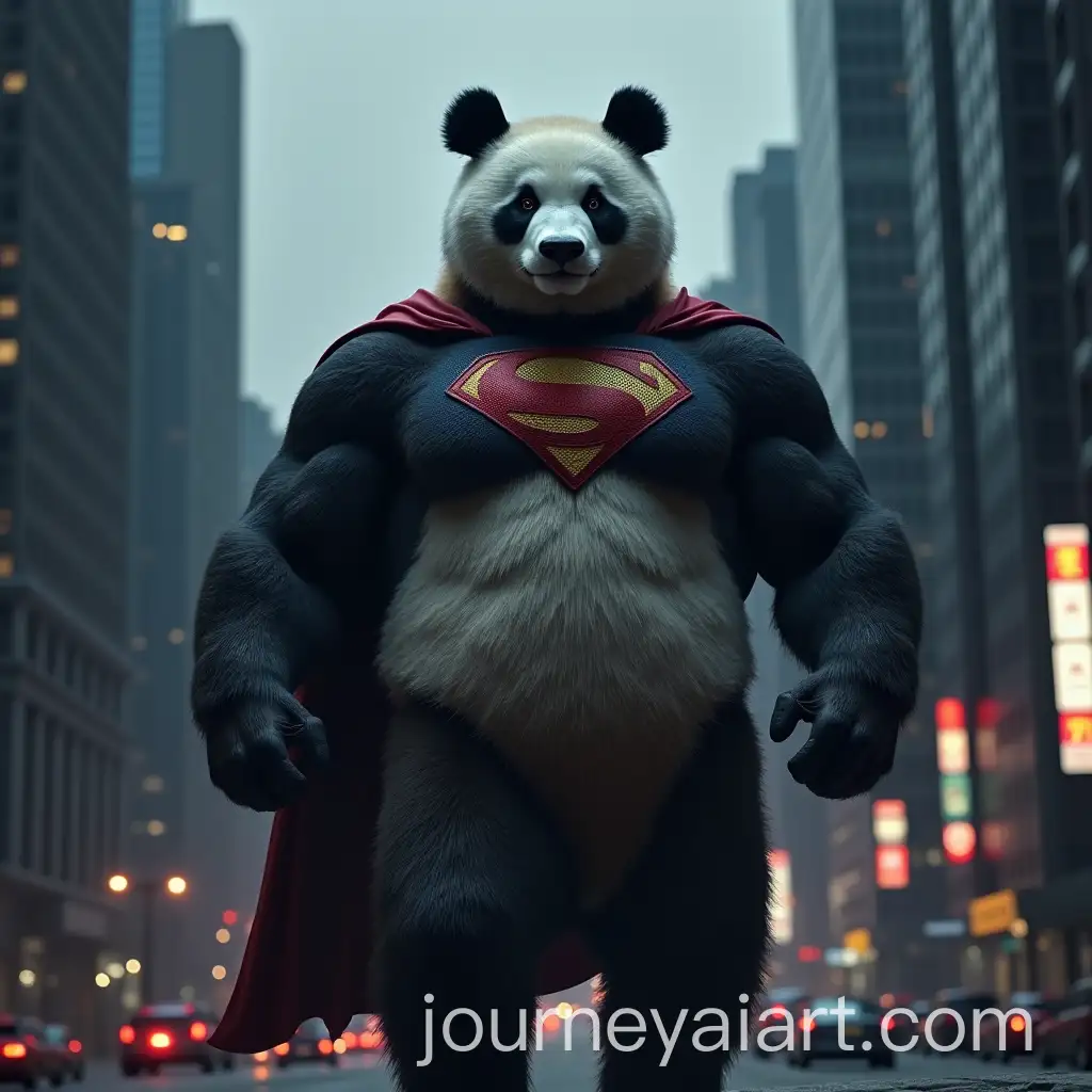 Heroic-Panda-in-Superman-Suit-Walking-Through-City-at-Midnight