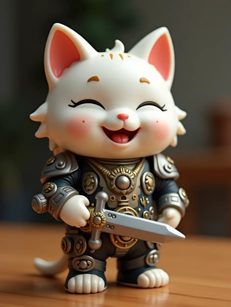 Cheerful white cat in the style of a collectible figure from kinder surprise. Wearing detailed steampunk armor with gears and pipes, holding a sword in its paws. Stands on a wooden table. The toy is realistic, made of plastic, glossy, with a large head and a cute facial expression. The figure is styled after collectible toys from the 90s, like hippos from kinder surprise. Blurred background, focus on the figure.