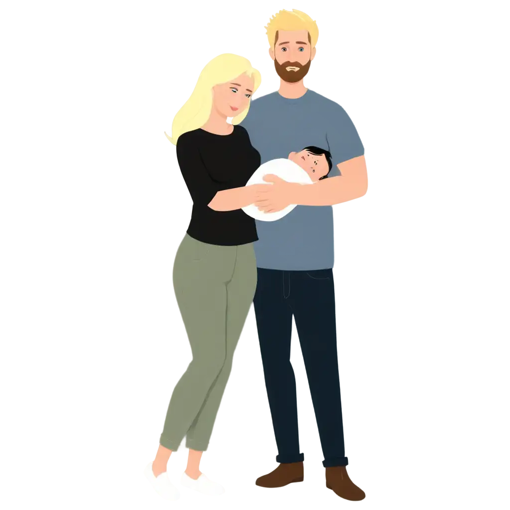 Family-Portrait-PNG-Cartoon-of-a-Mom-with-Blond-Hair-and-a-Dad-with-Black-Hair-Holding-Their-Newborn-Girl