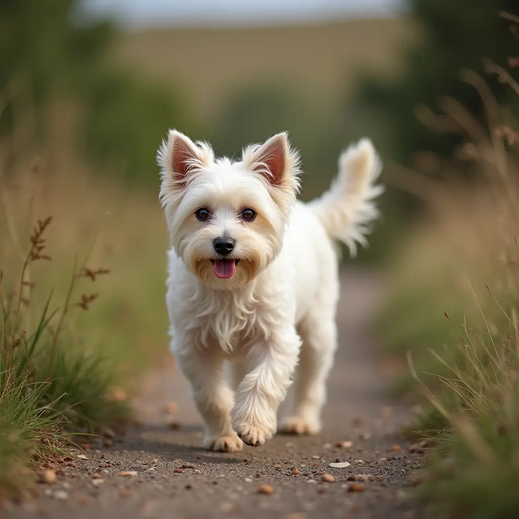 A sultry white small dog, on a countryside path, walking like a cat