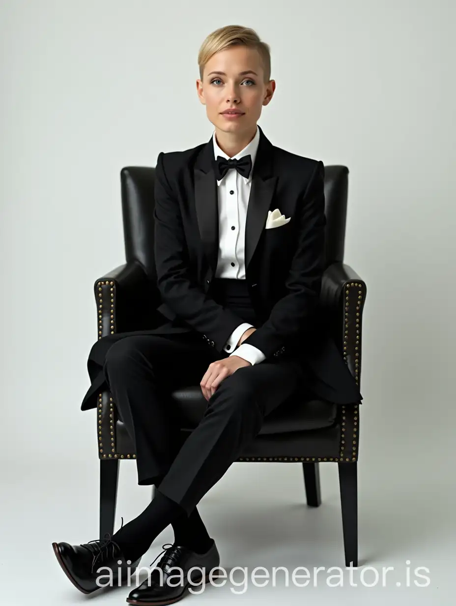 Full body shot of beautiful and confident female woman Swedish movie actress, with very short side-parted blonde buzzcut, wearing men's wingtip shoes, wearing man's black tuxedo, bow tie, cummerbund, pocket square, tuxedo shirt with spread collar and French cuffs and cuff links, black socks, arms folded across chest sitting in chair, in front of blank background