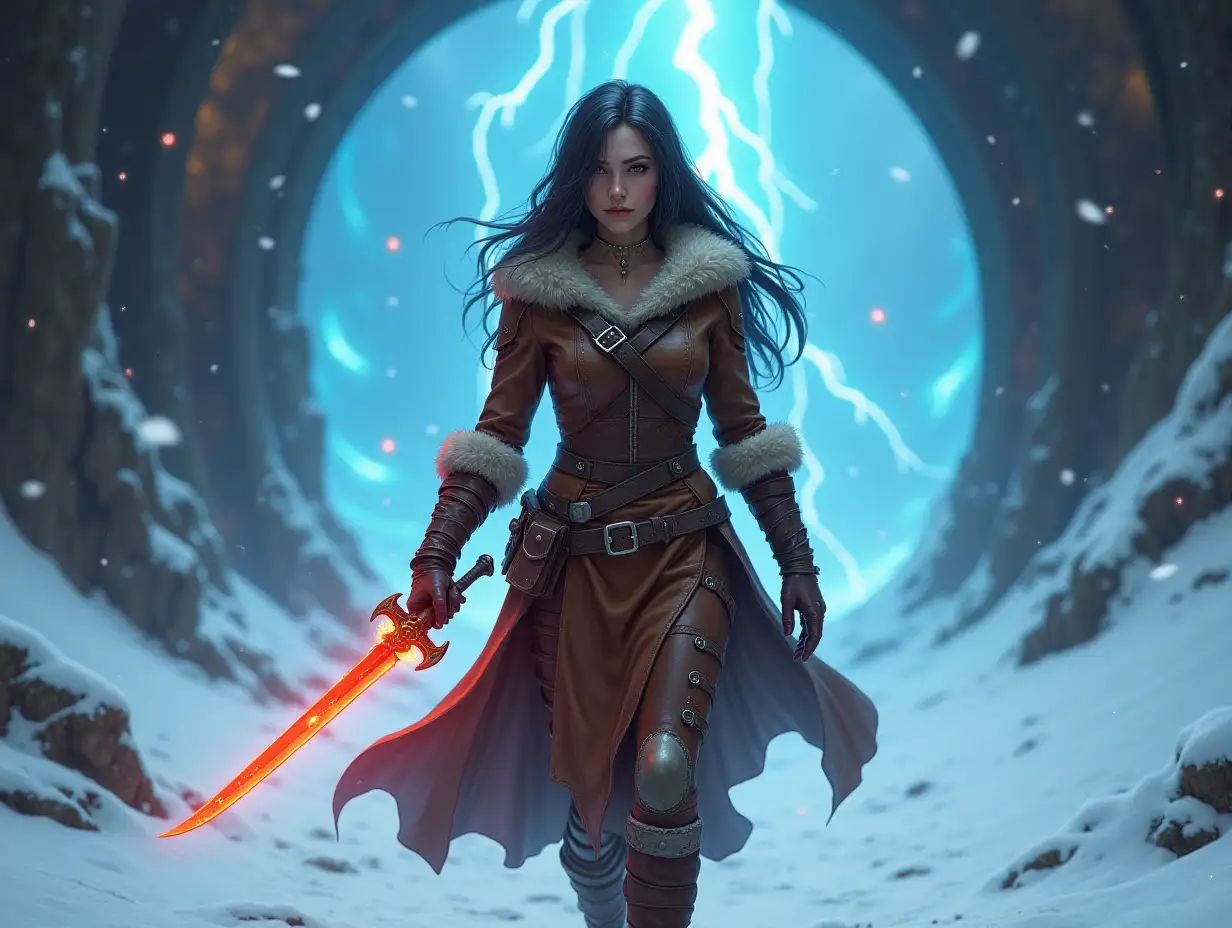 in dungeon and dragon universe, a lovely female rogue elf is walking in the snow. she is wearing brownish leather suits.  she is wearing a magical dagger in her right hand. at her left hand she is holding a magical audio vacuum tube. the audio vacuum tube is glowing reddish and bluish.  all around her is snowy. in front of her are the big tunner powered by big audio vacuum tubes all around it. inside the tunnel are mists and fogs and also several lightning strike. please draw it from the front view. so her expression and lovely face could be seen. and both of the objects at her hands can be seen