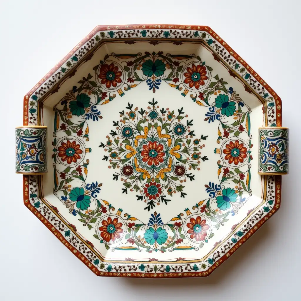 Octagonal with rounded corners ceramic serving dish with embossed beautiful ceramic handle, Underglaze painting on white body, Fine art, Hyper detailed, Antique and old, Qajar art, Iranian Tabriz carpet design