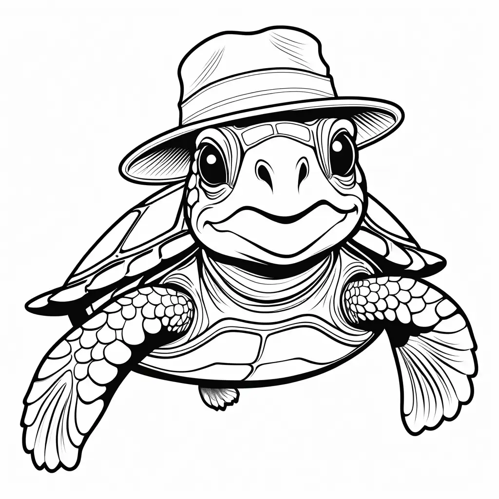 friendly sea turtle with hat, Coloring Page, black and white, line art, white background, Simplicity, Ample White Space. The background of the coloring page is plain white to make it easy for young children to color within the lines. The outlines of all the subjects are easy to distinguish, making it simple for kids to color without too much difficulty