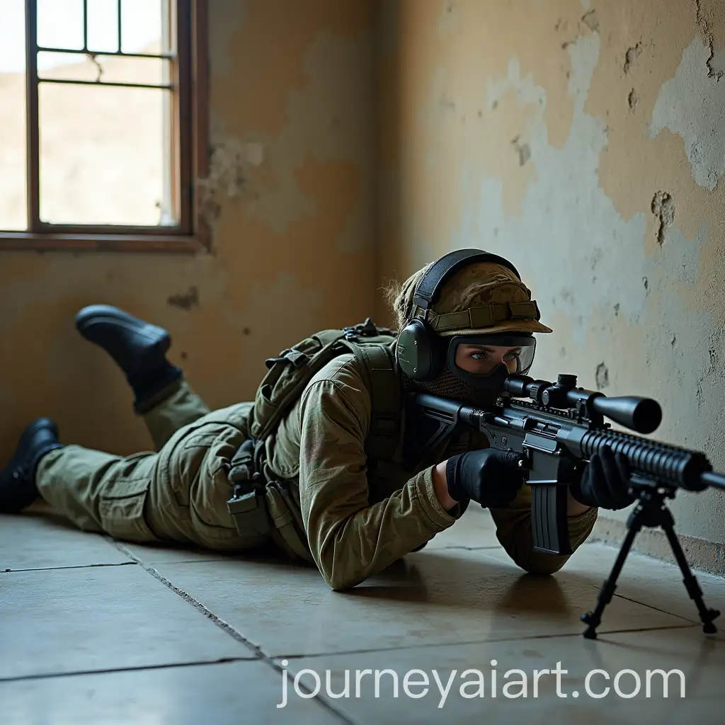 Russian-Female-Military-Officer-Firing-LargeCaliber-Sniper-Rifle-in-Dilapidated-Arab-City