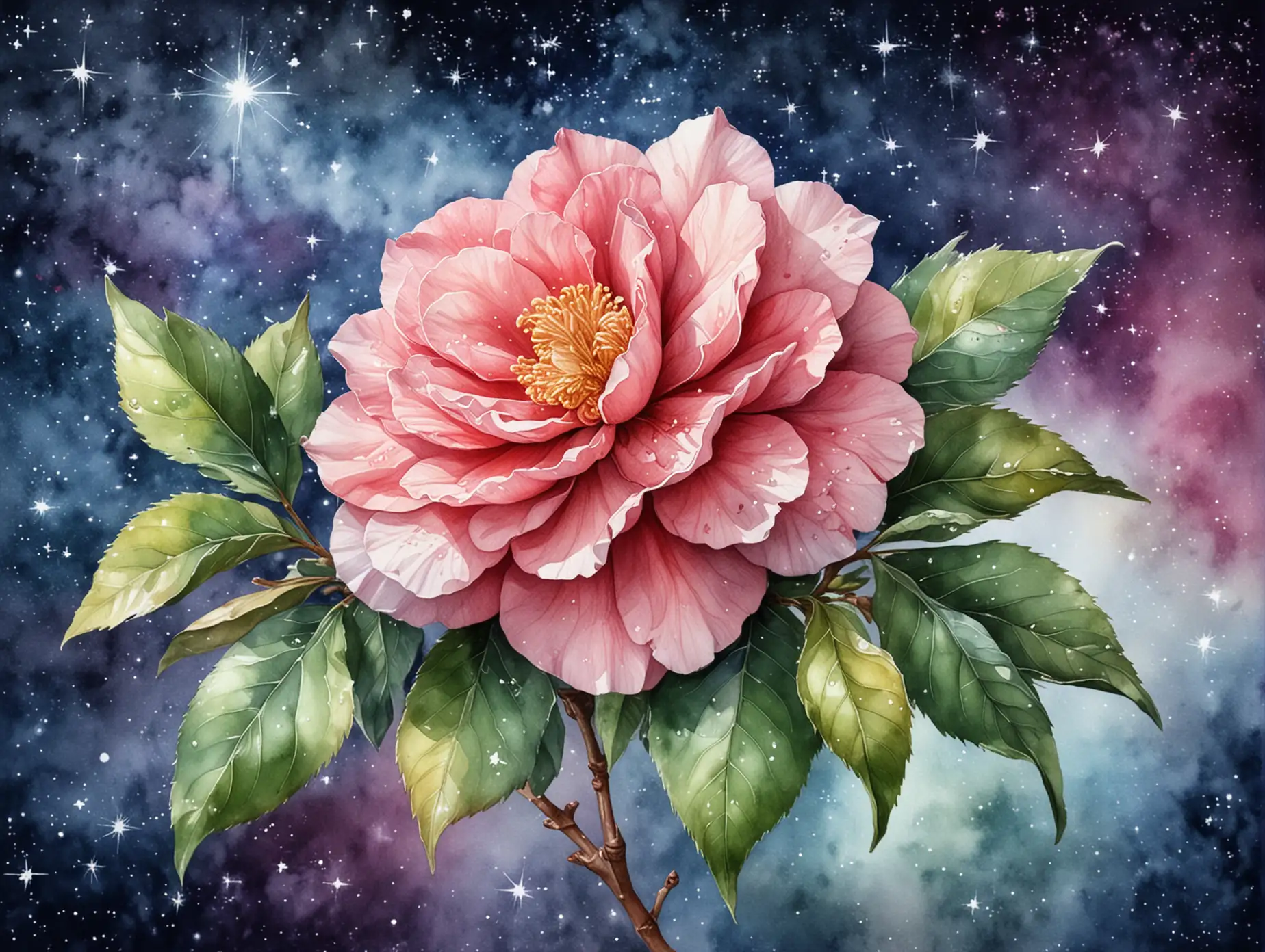 Camelia-Flower-on-a-Starry-Background-Watercolor-Illustration