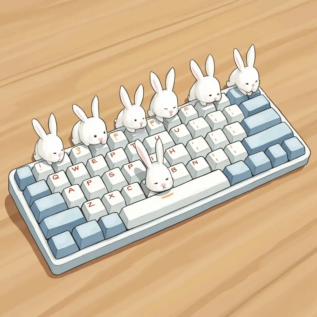 A keyboard, but instead of all the buttons there are white rabbits. The keyboard is laying on the wooden surface. Anime style.