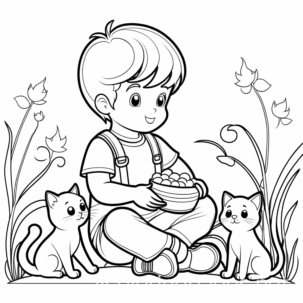 Little-Boy-Playing-with-Kittens-Coloring-Page