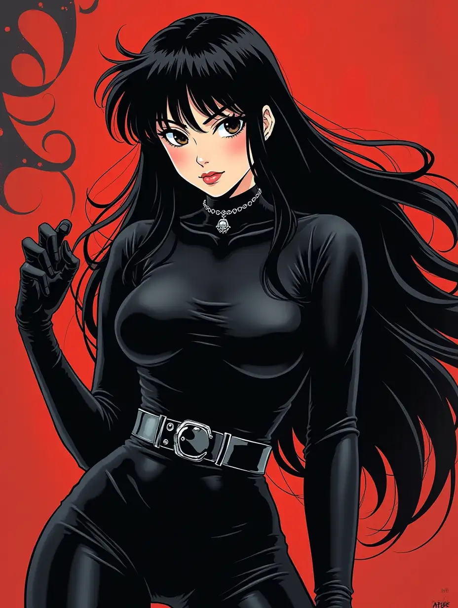 Vintage 90's anime style, gorgeous gothic anime girl, flirt, model posing, black clothes, stygian background, dynamic angle, 2d, flat colors, by Hajime Sorayama, Greg Tocchini,