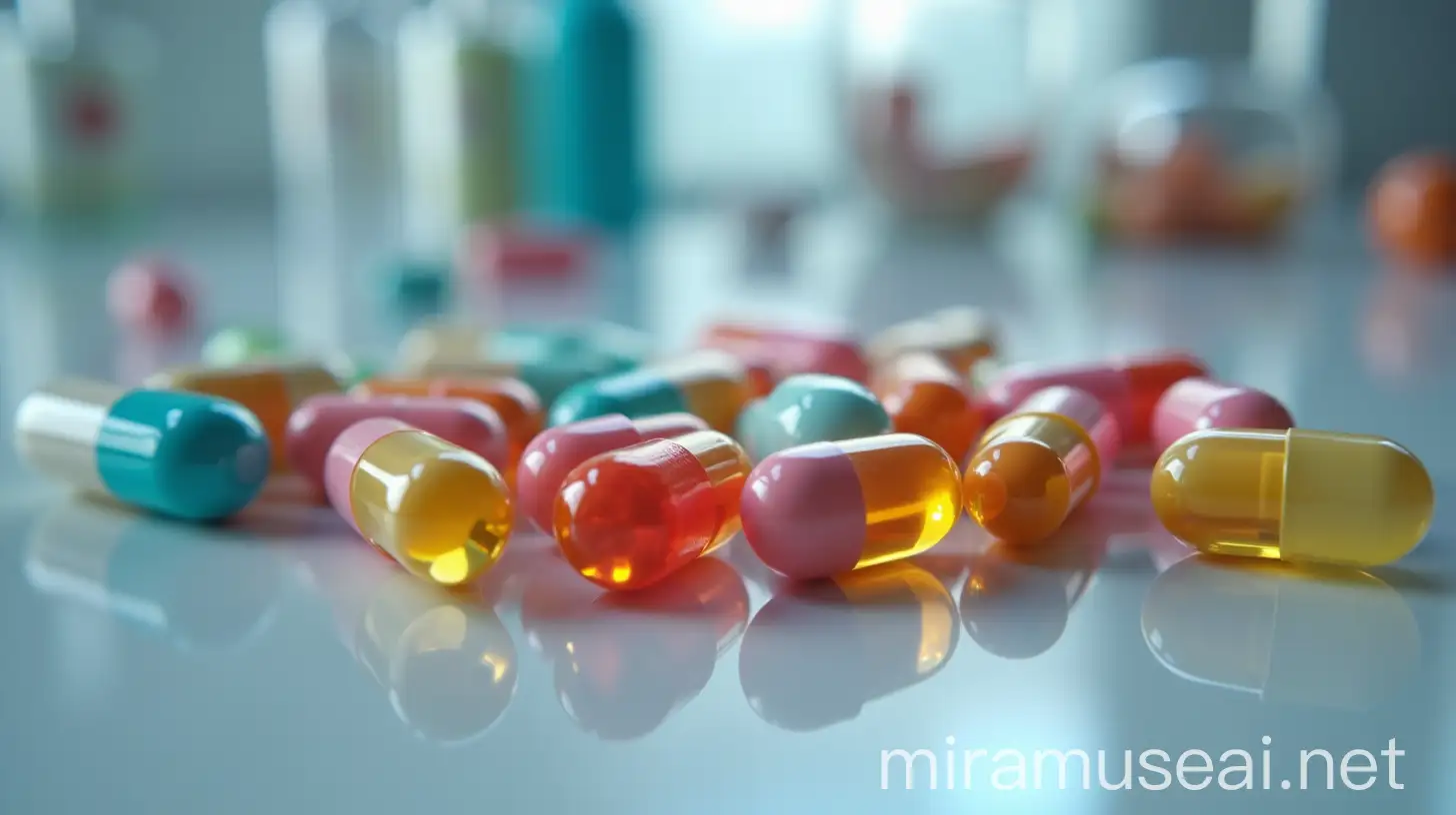 Colorful Pharmaceutical Capsules Arranged Artfully on Reflective Surface