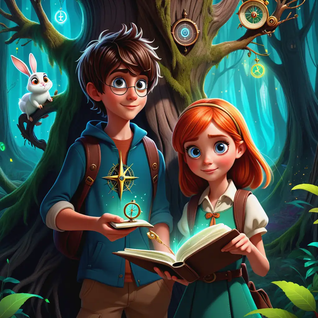 Jules and Lina Exploring the Enchanted Forest with Magical Compass and Notebook