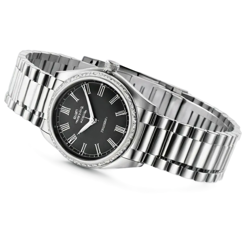 Prestigious-Expensive-Watch-PNG-with-Peculiar-Silver-Strap-and-Dark-Roman-Dial-HighResolution-Image-for-Luxury-Product-Showcases