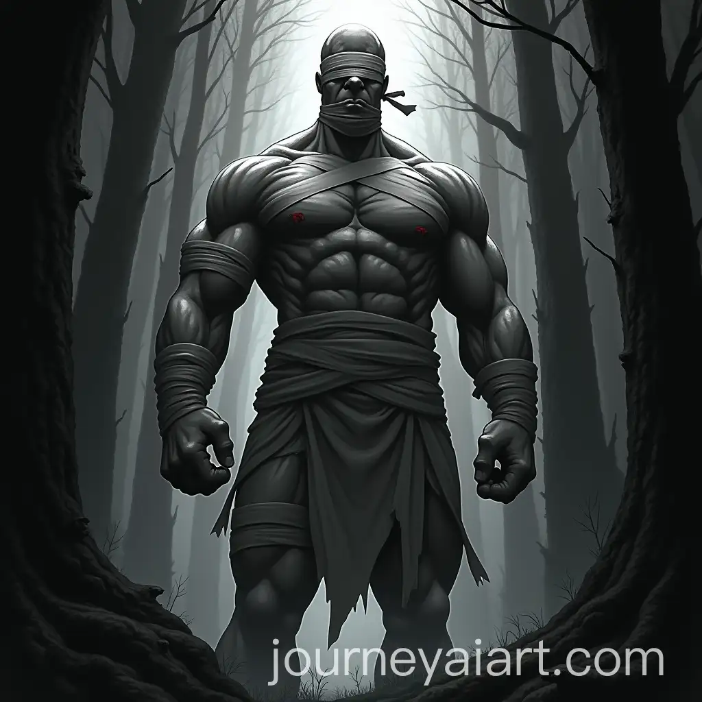 Muscular-Blindfolded-Figure-in-Shadowy-Forest-with-Dramatic-Lighting